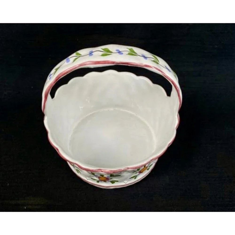 Vintage Casafina Portugal Hand Painted Ceramic Basket Floral Fruit Handle 6